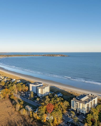 Aerial view of Old Orchard Beach coastline with long sandy shore